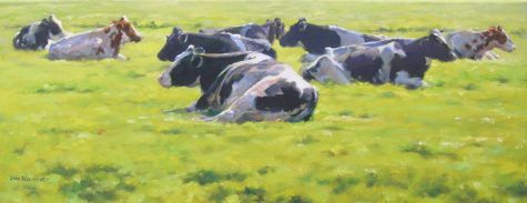 Geke Steenmetz -  - Liggende koeien in het voorjaar (2013, olieverf op doek, 20 x  50 cm cm)